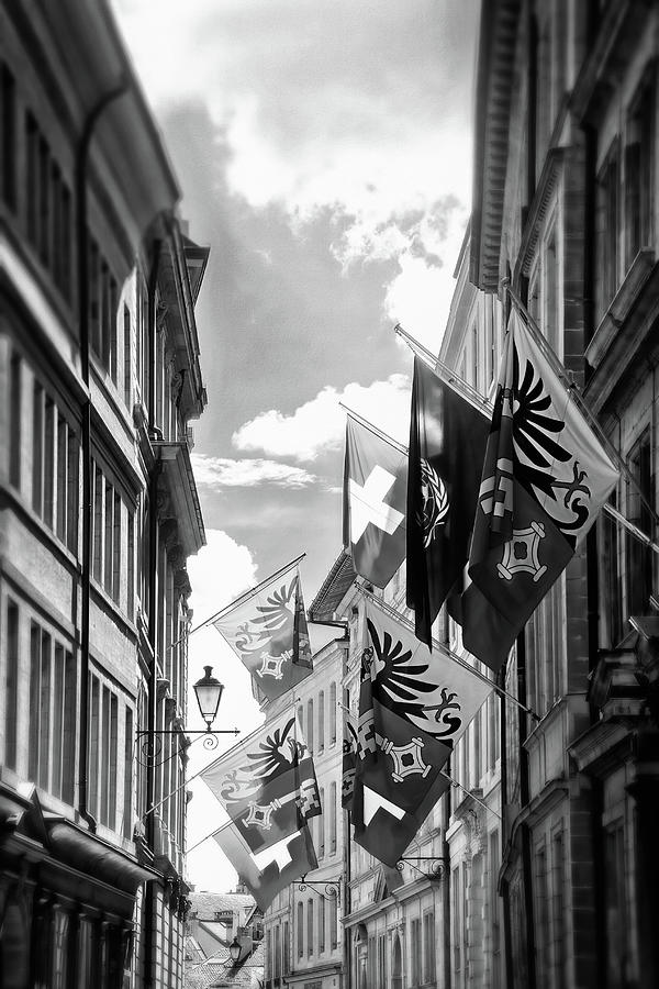 Geneva Switzerland Street of Flags Black and White  Photograph by Carol Japp
