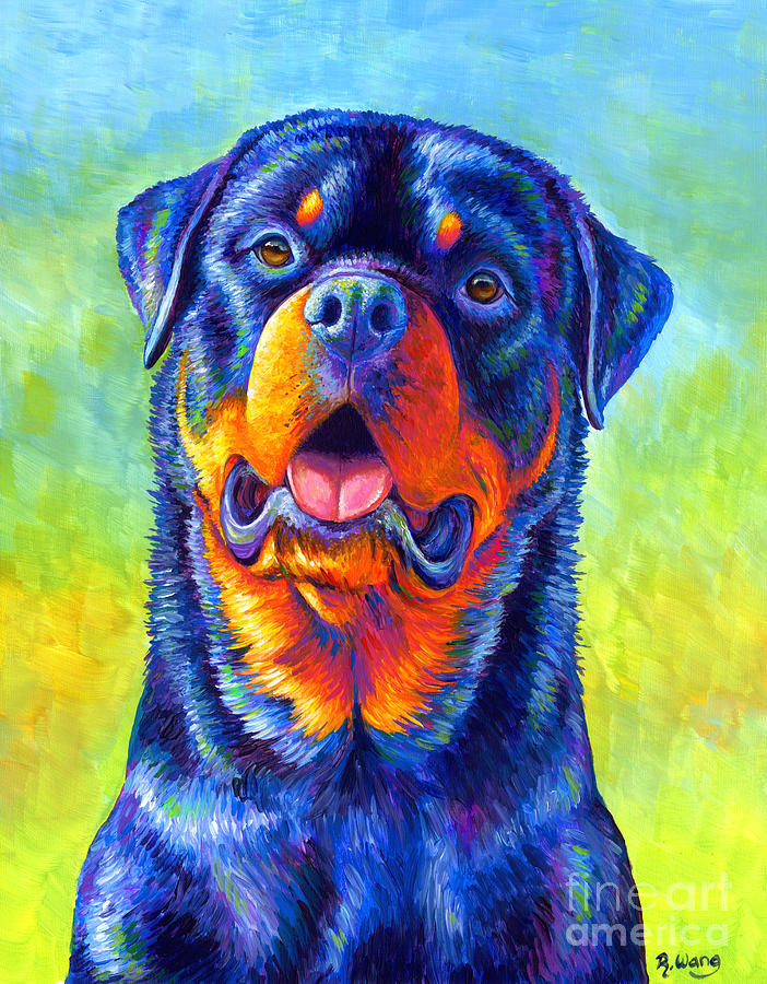 Gentle Guardian Colorful Rottweiler Dog Painting by Rebecca Wang