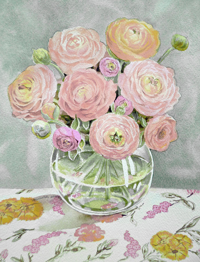 Gentle Monochrome Floral Arrangement Watercolor Ranunculus Bouquet Painting