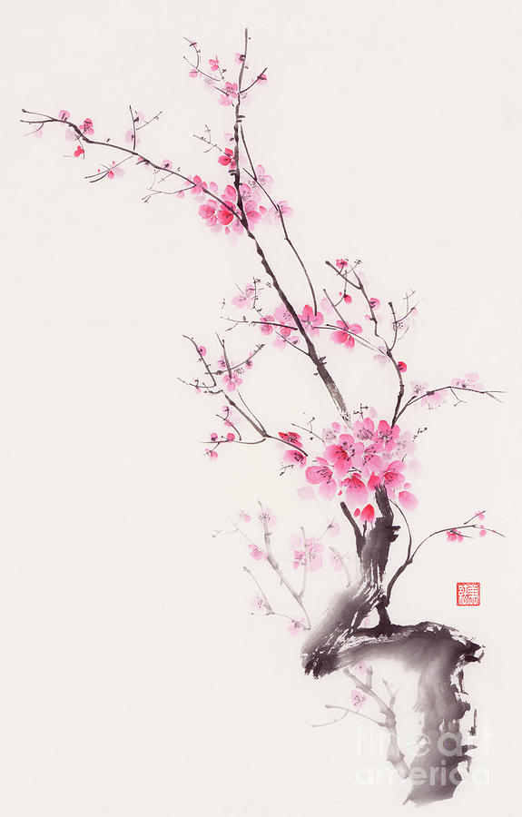 Gentle pink sakura blossom branch Japanese Zen style fine art su ...