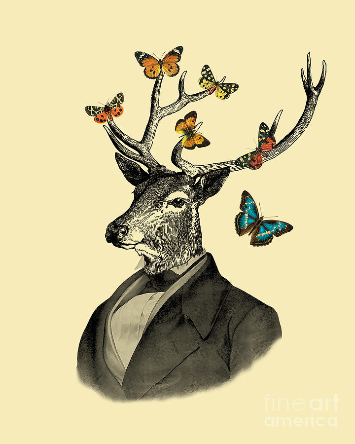 Deer Mixed Media - Gentleman deer with butterflies by Madame Memento