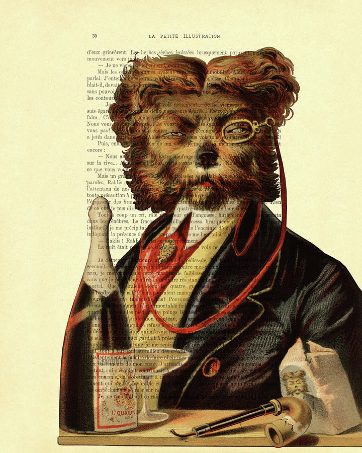Vintage Digital Art - Gentleman dog portrait with monocle, champagne and a pipe by Madame Memento