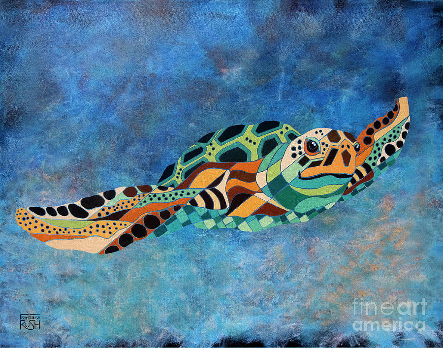 Gently Gliding Along Sea Turtle Painting by Barbara Rush