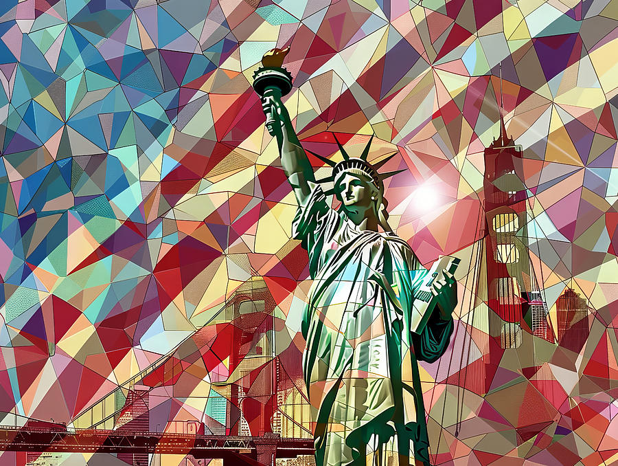 Geodesic American flag and Cubist Landmarks Digital Art by Karen Foley
