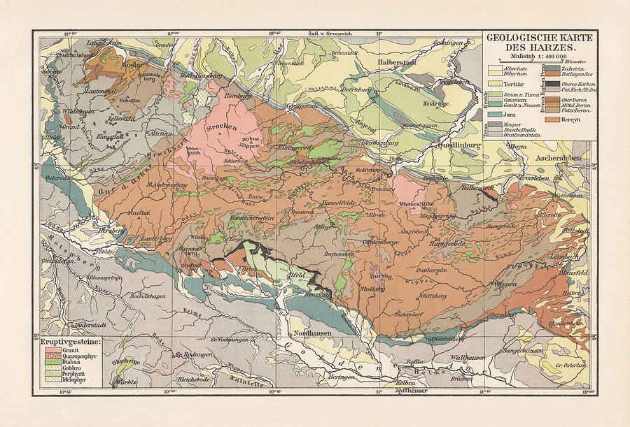 Geological map of the Harz Mountains, Germany, lithograph, published 1897 Drawing by Zu_09