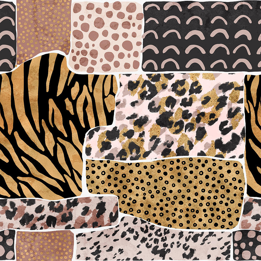 Vintage Mixed Media - Geometric animal skins background with leopard spotted for imitation,zebra stripes,creative wild cat rosettes in brazen golden foil pastel beige pink colors by Julien