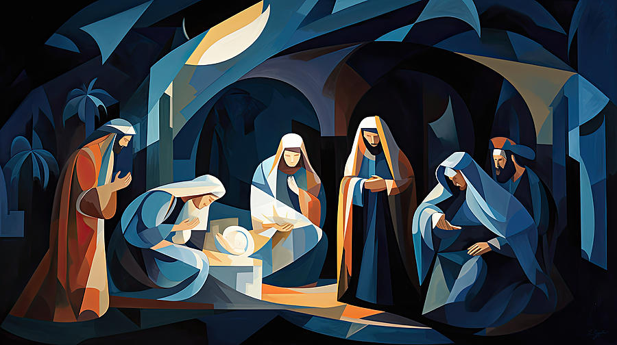Jesus Christ Painting - Geometric Faith - Modern Art Retells the Nativity in Vibrant Splendor by Lourry Legarde