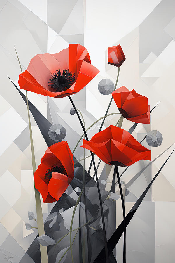 Geometric Grace - Red Poppies Modern Art Painting