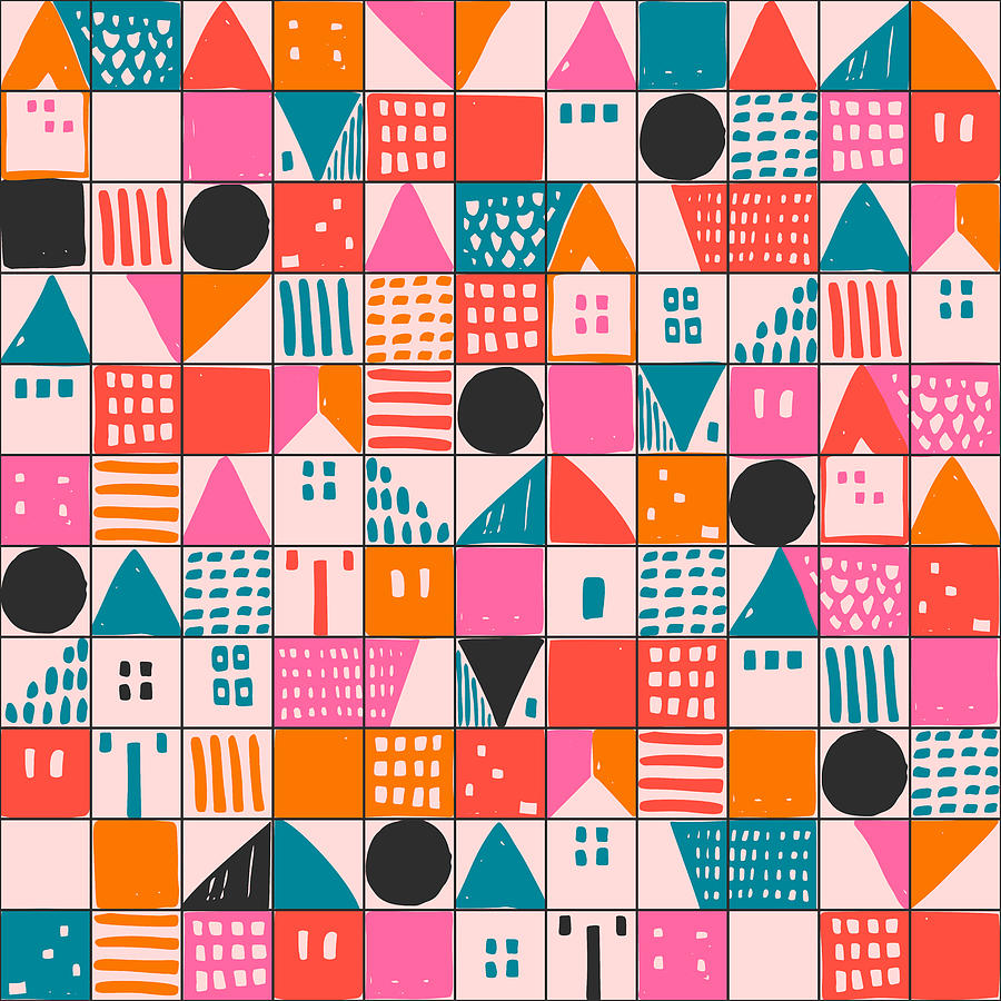 Geometric houses and hand drawn textured shapes seamless pattern ...