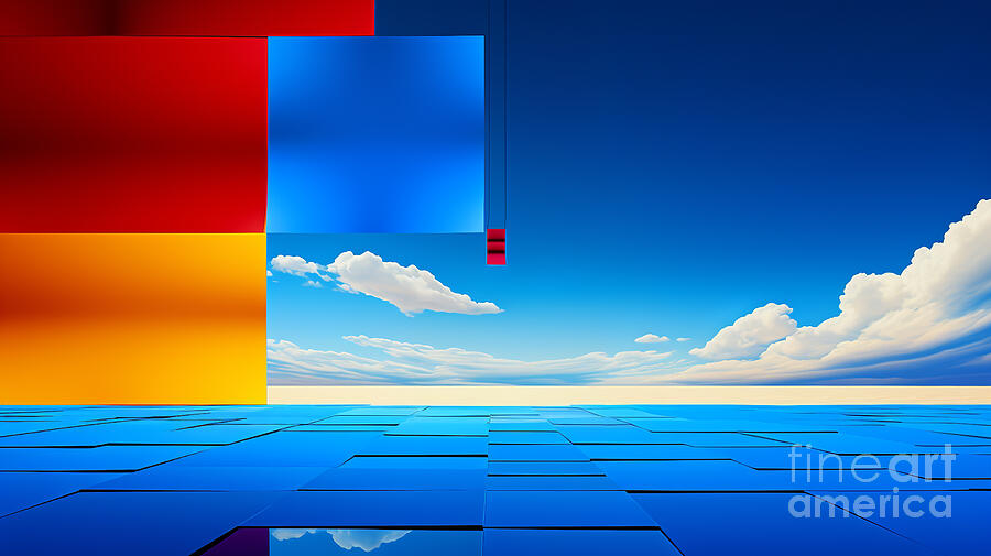 Geometric shapes with striking colors float above a reflective blue surface Digital Art by Odon Czintos