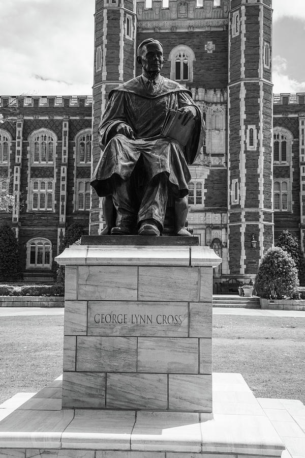 George Lynn Cross statue on the campus of the University of Oklahoma in black and white Photograph by Eldon McGraw