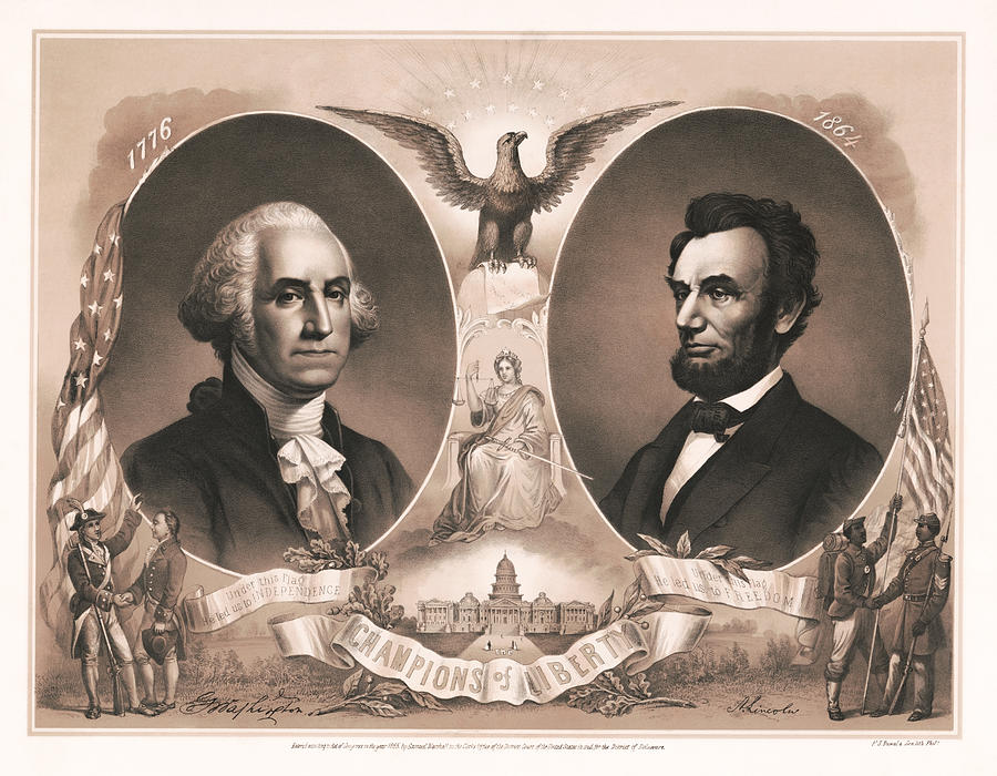 George Washington and Abraham Lincoln - The Champions Of Liberty - 1865 Drawing by War Is Hell Store