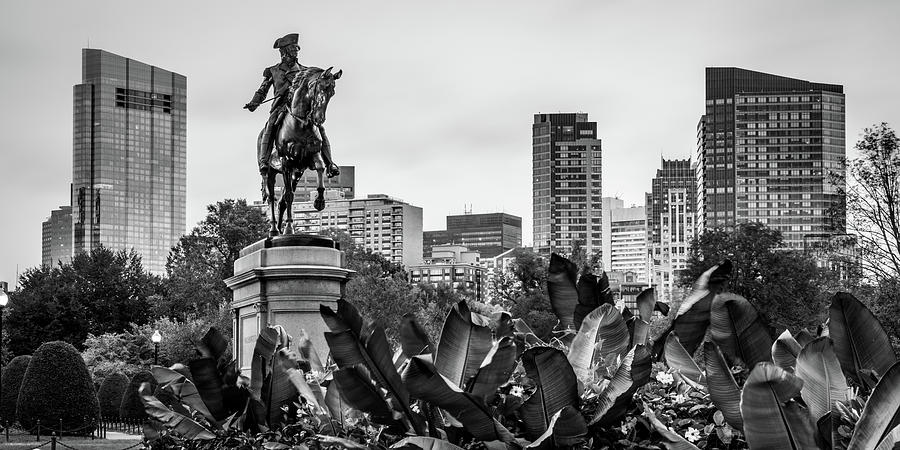 George Washington and the Boston Massachusetts Skyline Panorama - Black and White Photograph by Gregory Ballos