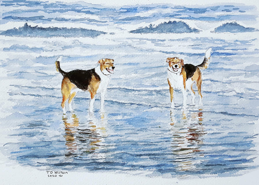 Georgia and Mia on beach Painting by TD Wilson