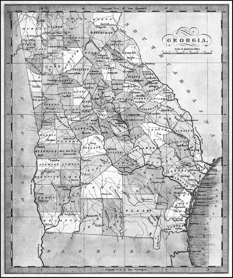 Vintage Photograph - Georgia Historical Vintage Map 1835 Black and White  by Carol Japp