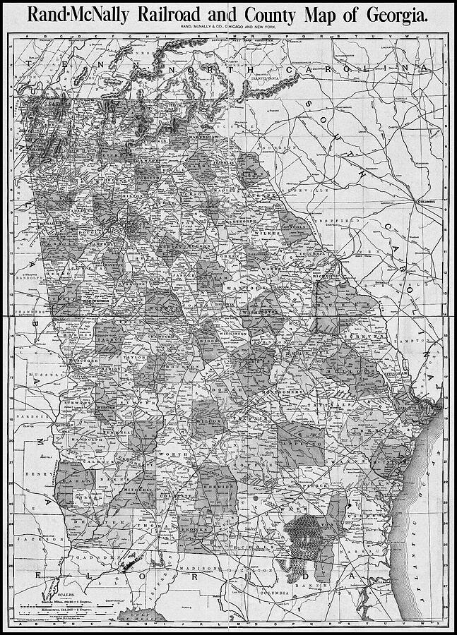 Georgia Map Photograph - Georgia Railroad and County Vintage Map 1898 Black and White  by Carol Japp