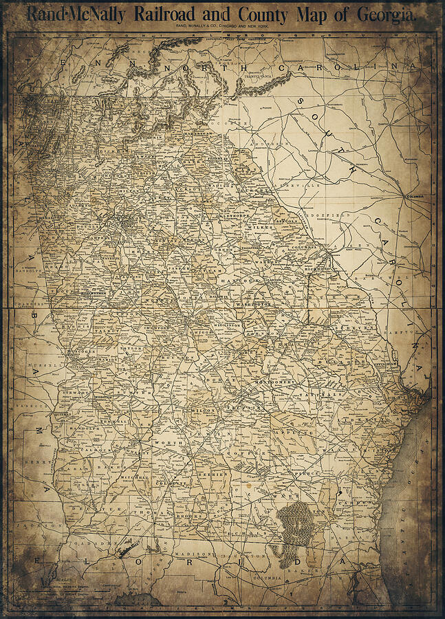Georgia Map Photograph - Georgia Railroad and County Vintage Map 1898 Sepia  by Carol Japp