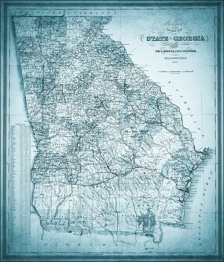Georgia Map Photograph - Georgia Vintage Map 1851 Cool Blues  by Carol Japp