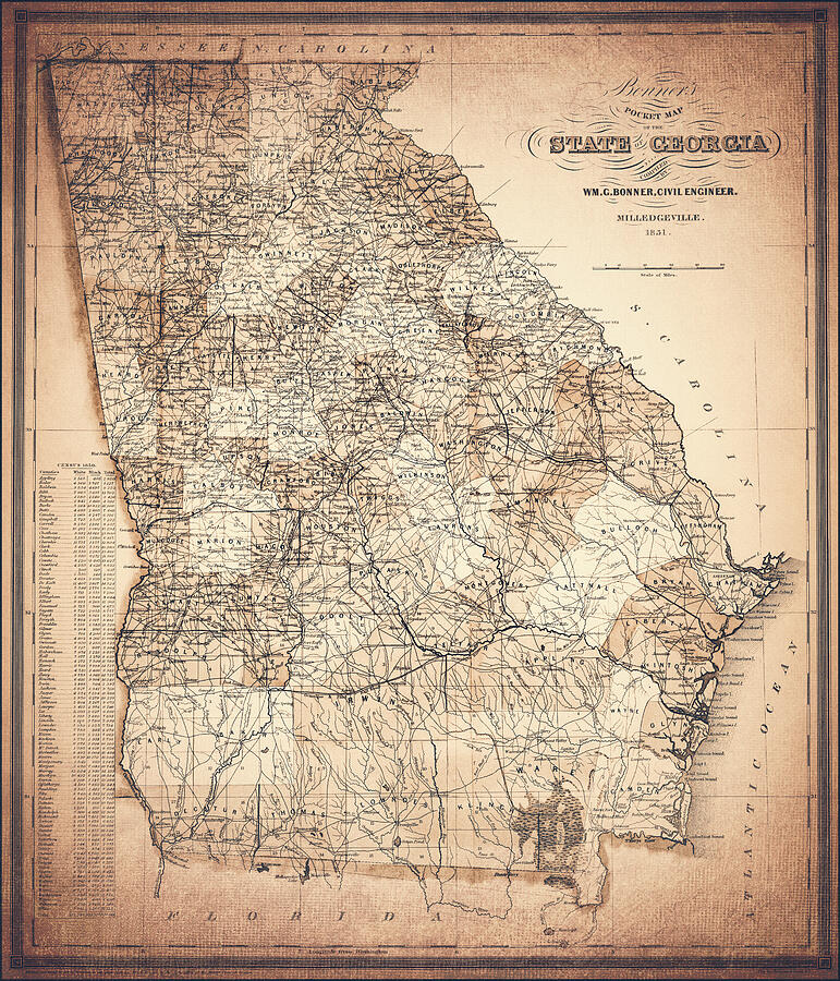 Georgia Map Photograph - Georgia Vintage Map 1851 Nostalgic Sepia  by Carol Japp
