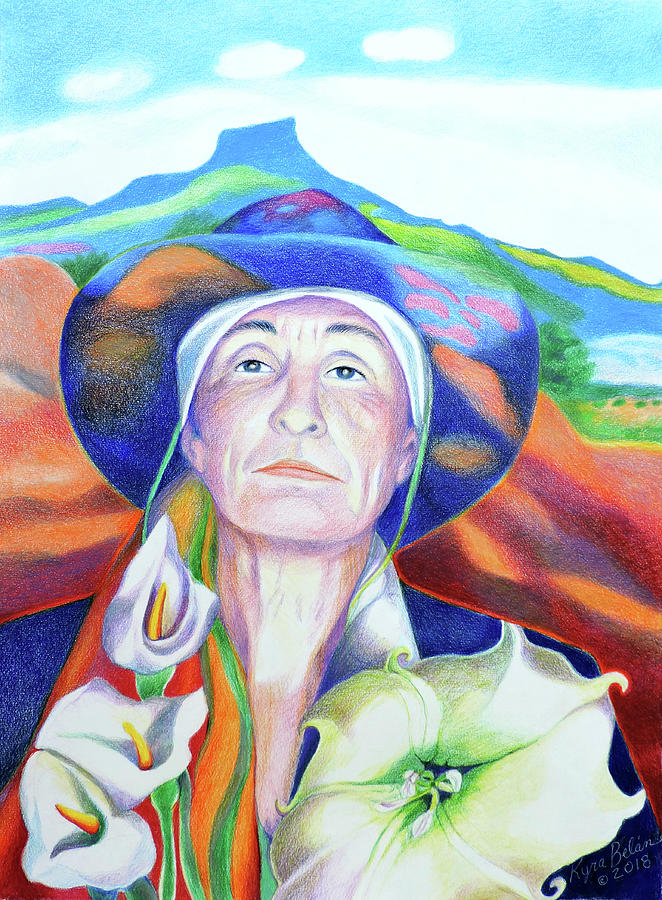 Georgta O Keeffe with Jimson Weed Painting by Kyra Belan