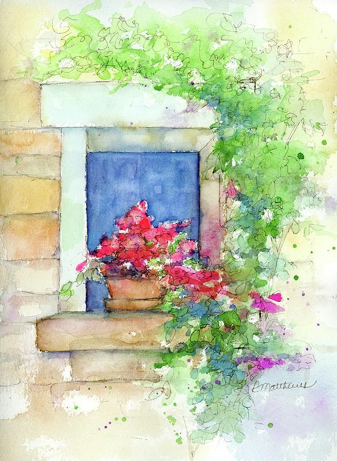 Floral Watercolor Painting - Geranium in window by Rebecca Matthews