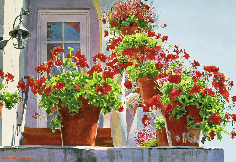 Geranium Pots Up The Steps Painting by David Lloyd Glover