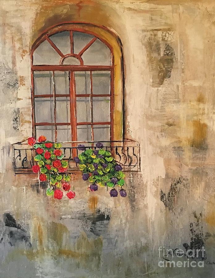 Geranium window  Painting by Maria Karlosak