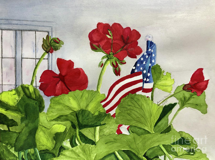 Geraniums and Flag Painting by Bonnie Young