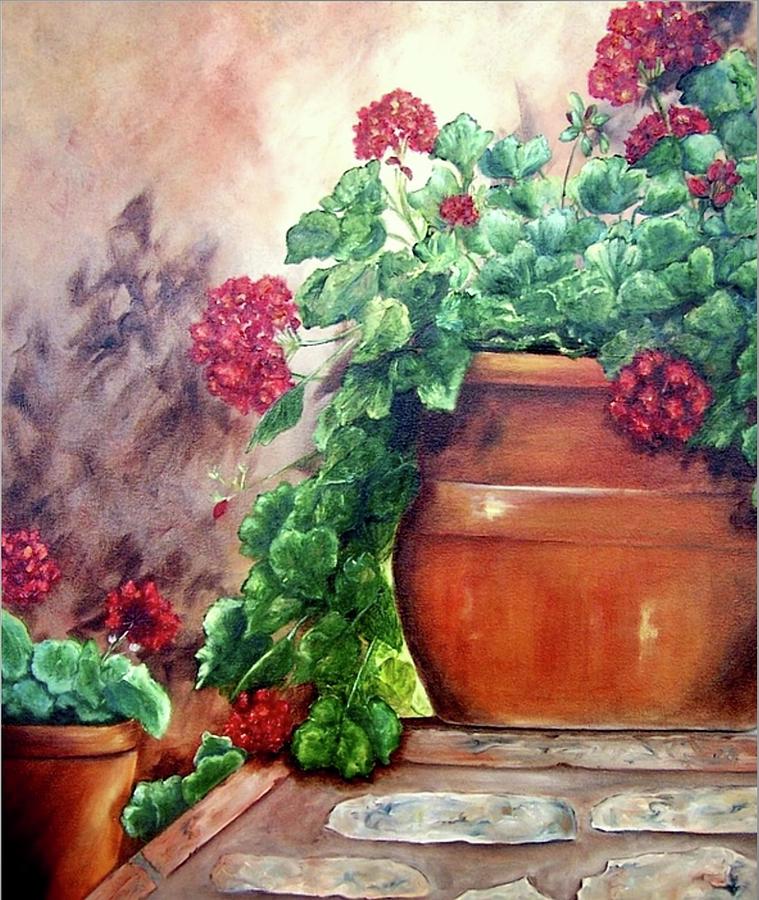 Geraniums on a Stone Wall Painting by Susan Dehlinger
