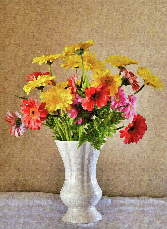 Gerbera Daisy Flowers in Vase Portrait Digital Art by Gaby Ethington