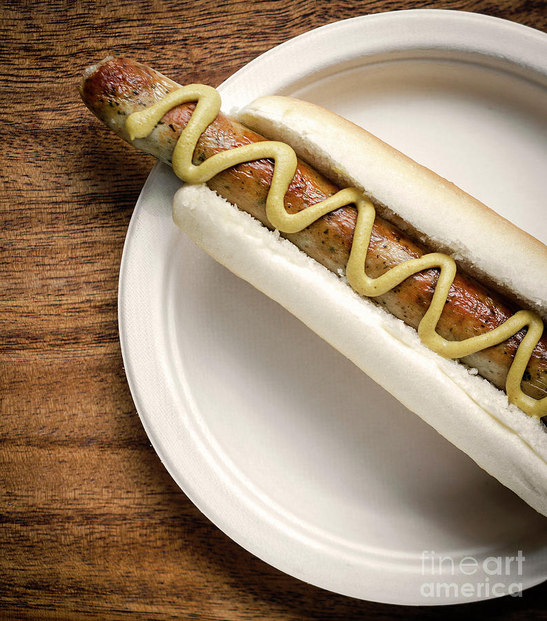 German Sausage Hot Dog With French Fries On Wood Table Photograph