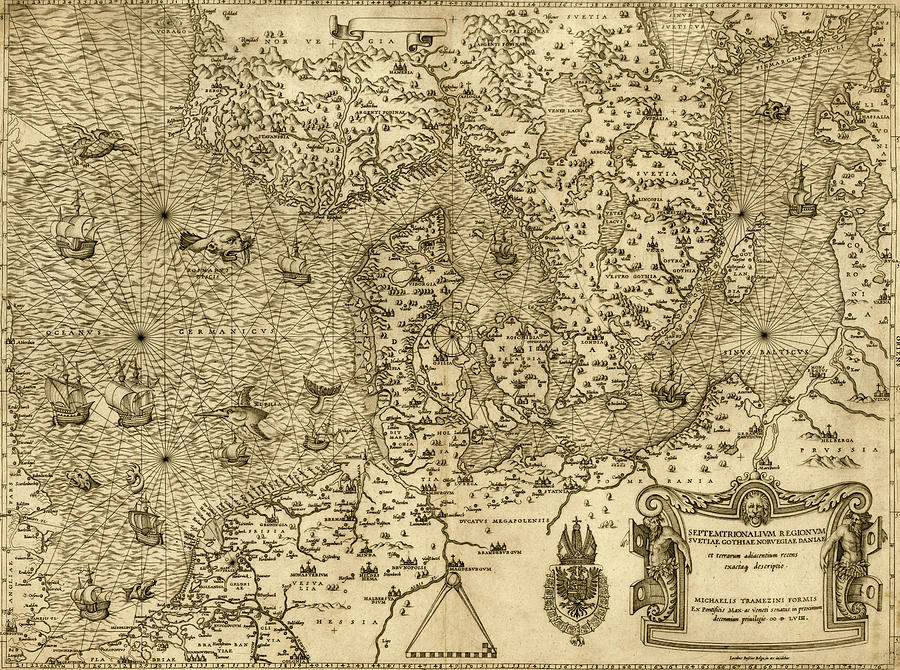 Map Drawing - German Sea The North Sea with Scandiavia 1558 by Vintage Maps