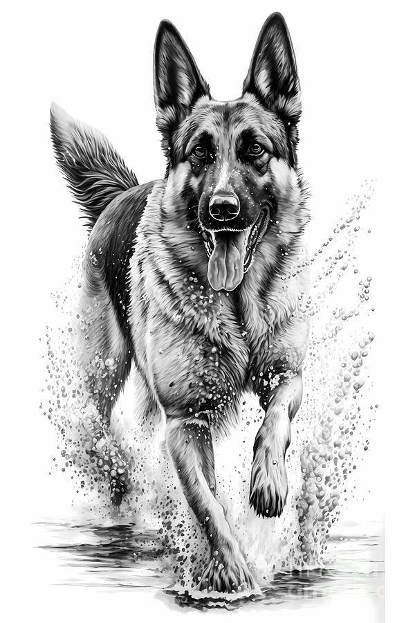 German Shepherd Dog Ink Drawing In Splash of Inked Black and White ...