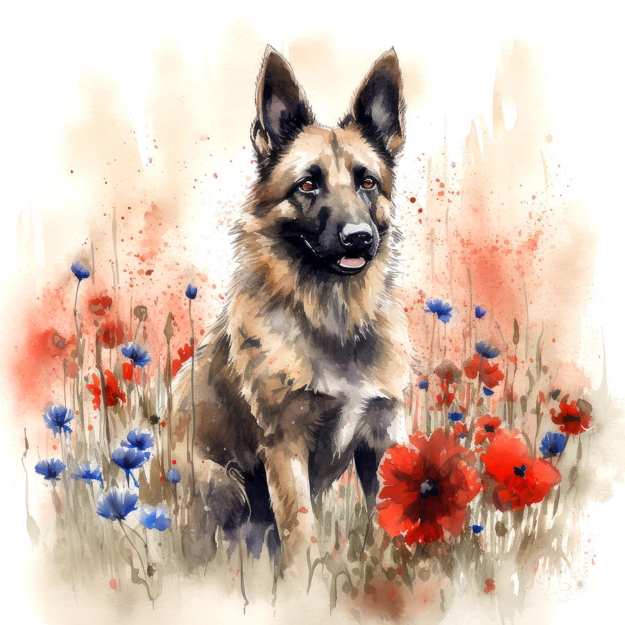 German Shepherd dog sitting in a field of wildflowers Digital Art by Carl H Payne
