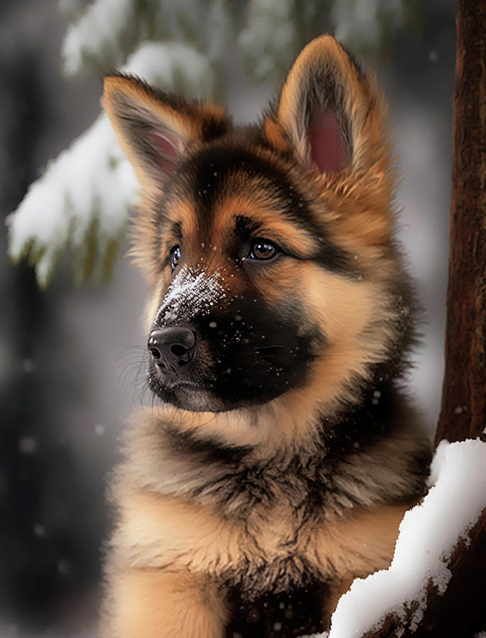 German Shepherd Puppy in Winter 2 Digital Art by Angie Tirado