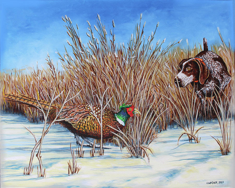 German Shorthaired Pointer and Pheasant Painting by Karl Wagner