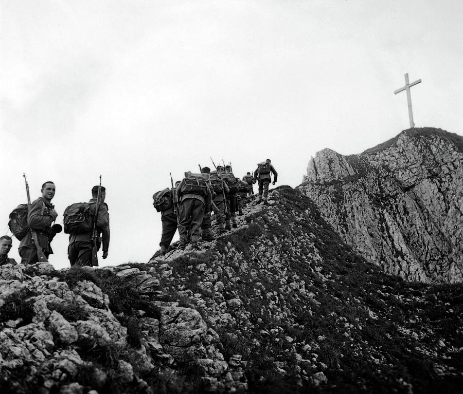 German soldiers march towards a Gipfelkreuz during WW2 Painting by ...