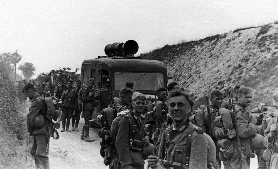 German soldiers on a march with a propaganda truck during WW2 Painting ...
