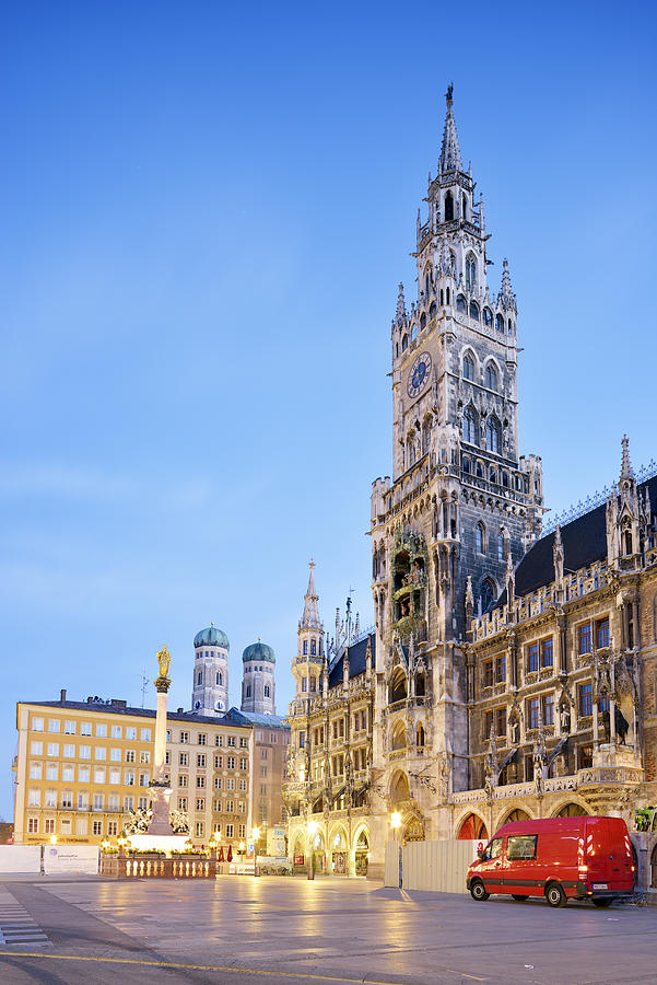 Germany, Bavaria, Munich, View of Marienplatz, New town hall, Marian Column and Frauenkirche in the evening Photograph by Westend61