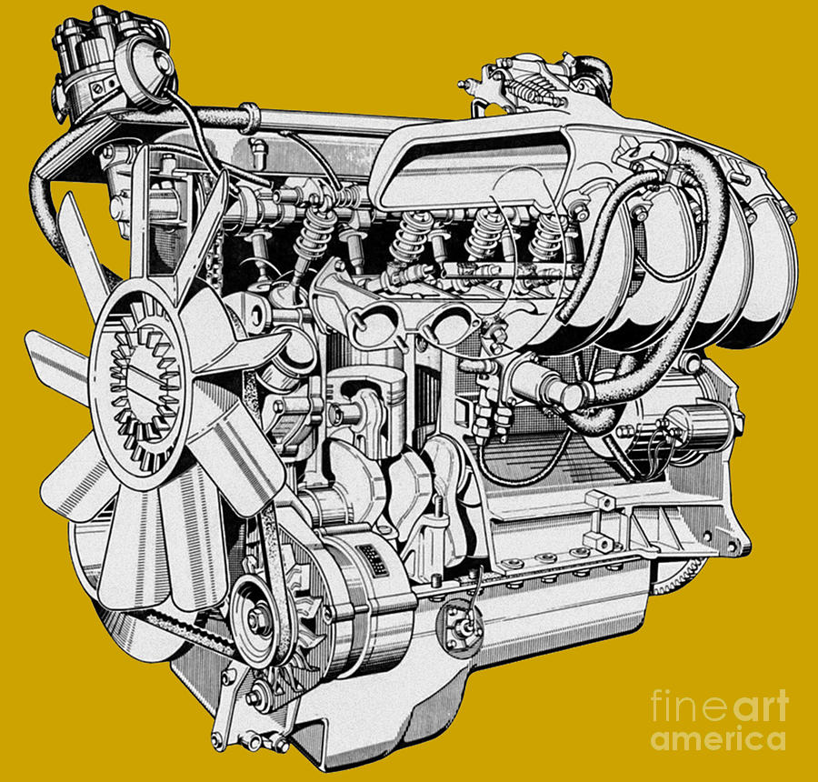 Germany Cutaway Legendary Sport Engine Bmw R6 M90 3.5 Liter Drawing By 