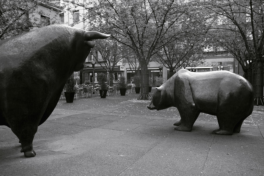 Germany, Hessen, Frankfurt-am-Main, Borsenplatz, Bull and Bear Photograph by Walter Bibikow