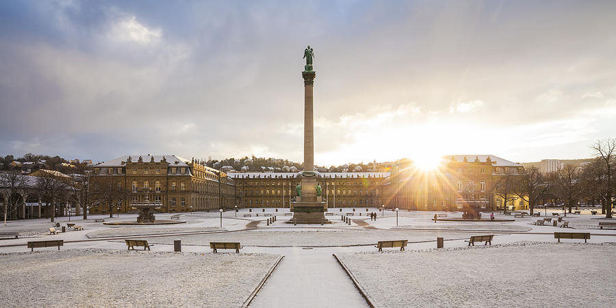 Germany, Stuttgart, Schlossplatz, Neues Schloss and jubilee column in winter Photograph by Westend61