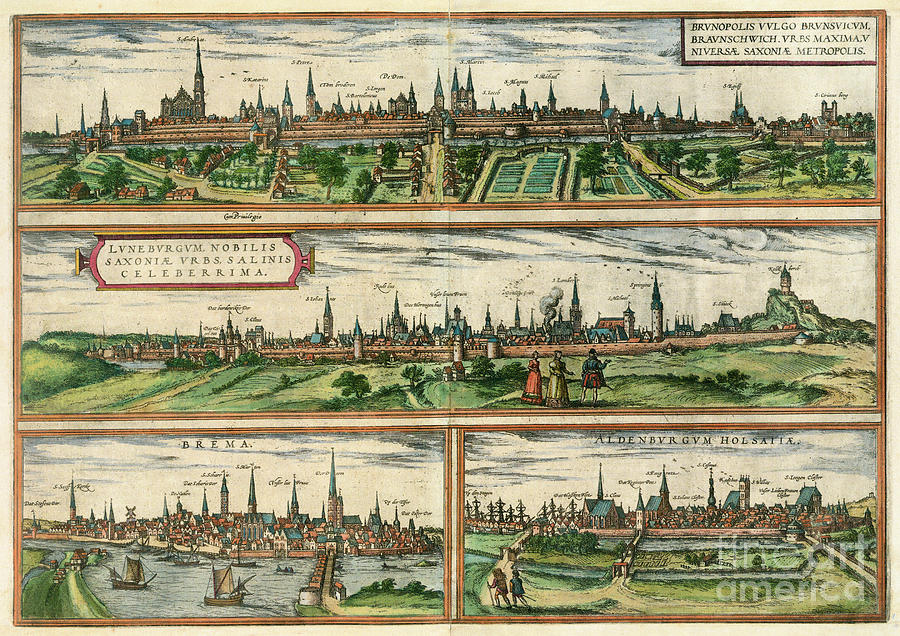 Germany - View Of Brunswick, Luneberg, And Bremen, 1572 Drawing by Georg Braun and Franz Hogenberg