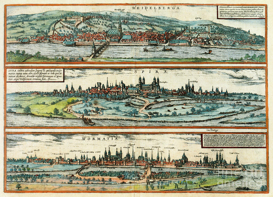 Germany - View Of Heidelberg, Speyer, And Worms, 1572 Drawing by Georg Braun and Franz Hogenberg