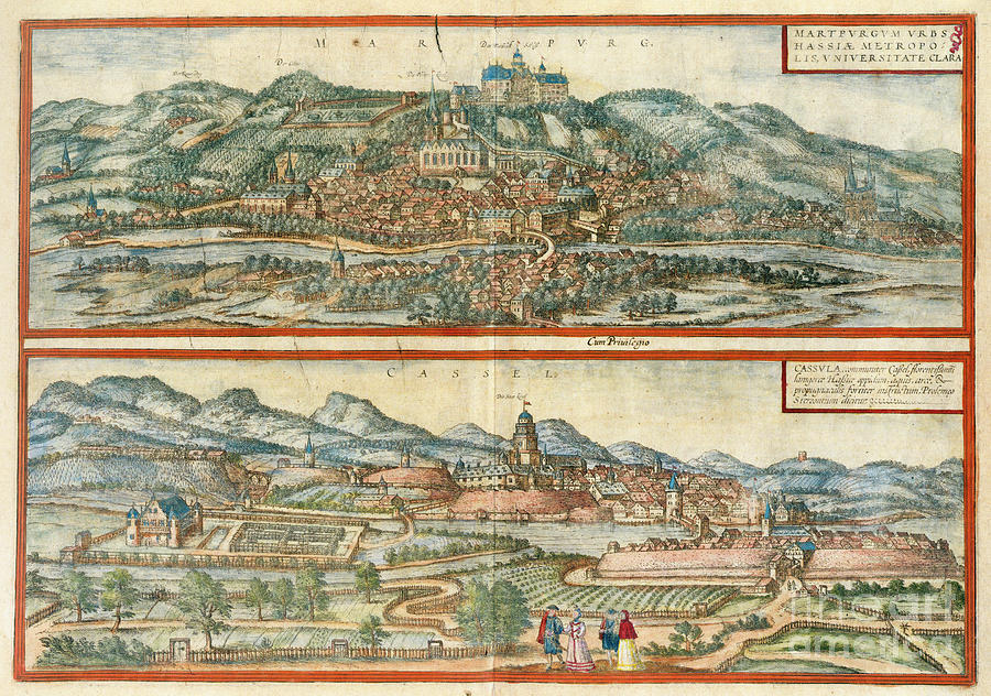 Germany - View Of Marburg And Kassel, 1572 Drawing by Georg Braun and Franz Hogenberg
