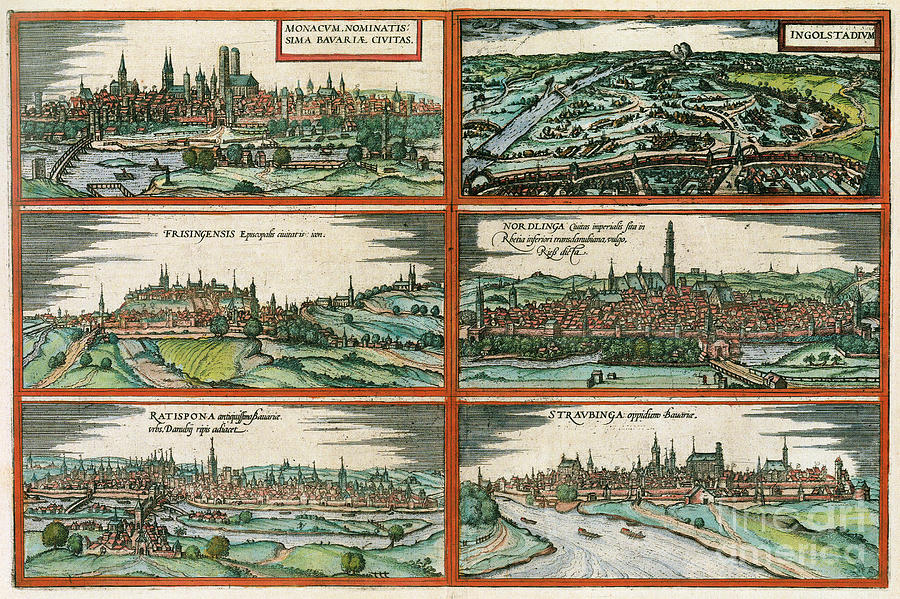 Germany - View Of Munich, Nordlingen, Straubing, Regensburg, And Freising, 1572 Drawing by Georg Braun and Franz Hogenberg