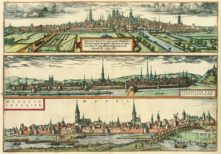 Germany - View Of Munster, Osnabrueck, And Wesel, 1572 Drawing by Georg Braun and Franz Hogenberg