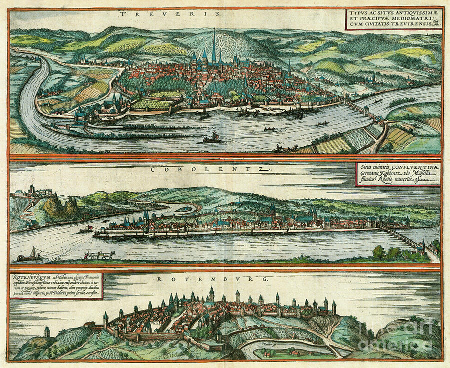 Germany - View Of Trier, Koblenz, And Rothenburg Ob Der Tauber, 1572 Drawing by Georg Braun and Franz Hogenberg