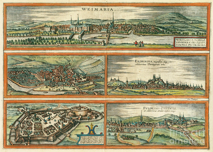 Germany - View Of Weimar, Jena, Erfurt, Gotha, And Fulta, 1572 Drawing by Georg Braun and Franz Hogenberg