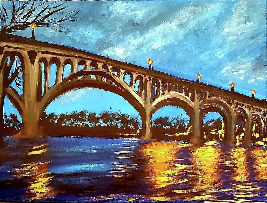 Gervais Street Bridge at Night Painting by Amy Kuenzie